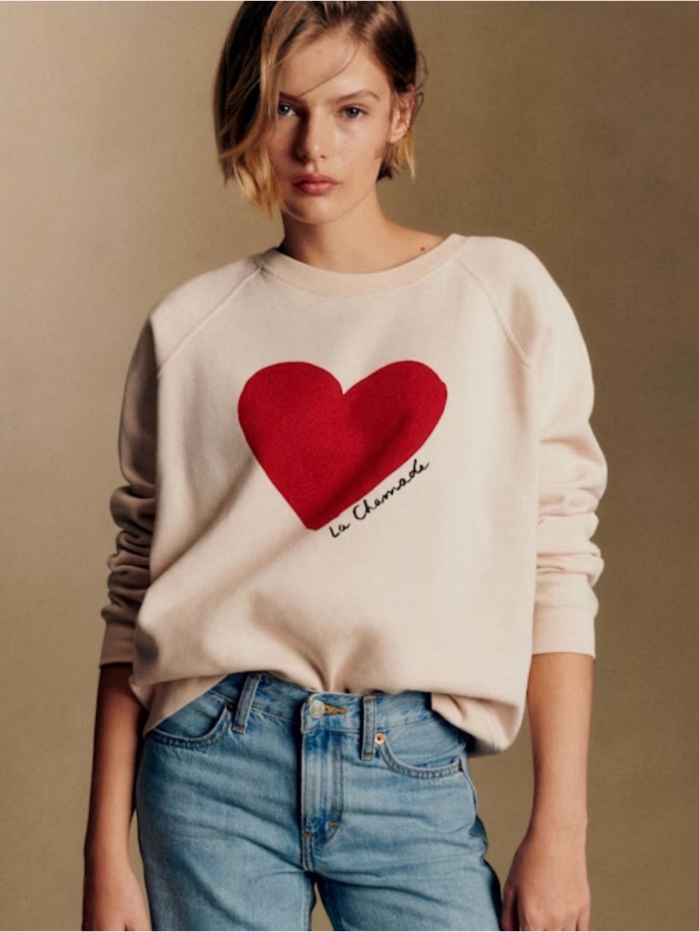 Sézane Cream La Chamade Heart Sweatshirt M Graphic Pullover French Parisian